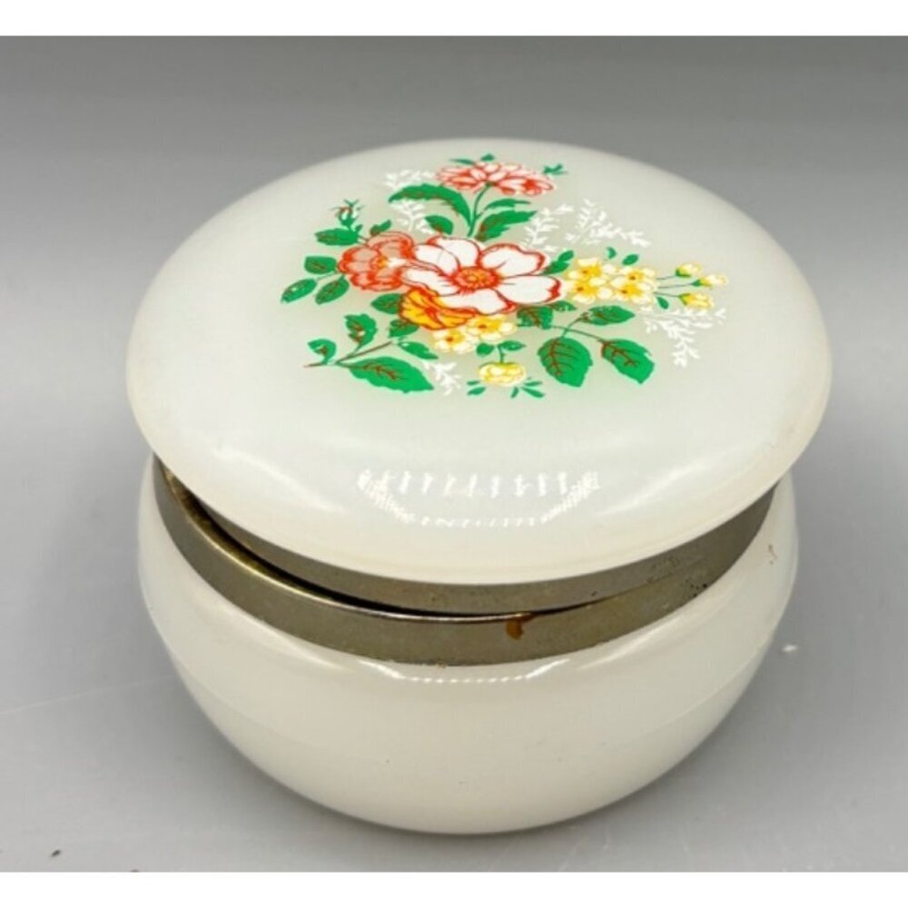 Vtg White‎ Floral Round Trinket Box Vanity Plastic Hinged Lid & Gold Accents